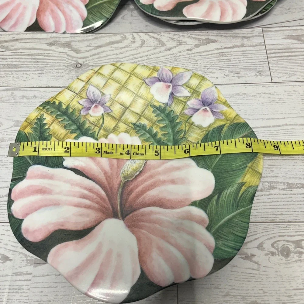 Merritt‎ Set of 4 Tropical Hibiscus Floral Melamine Plates Bamboo Plastic Salad